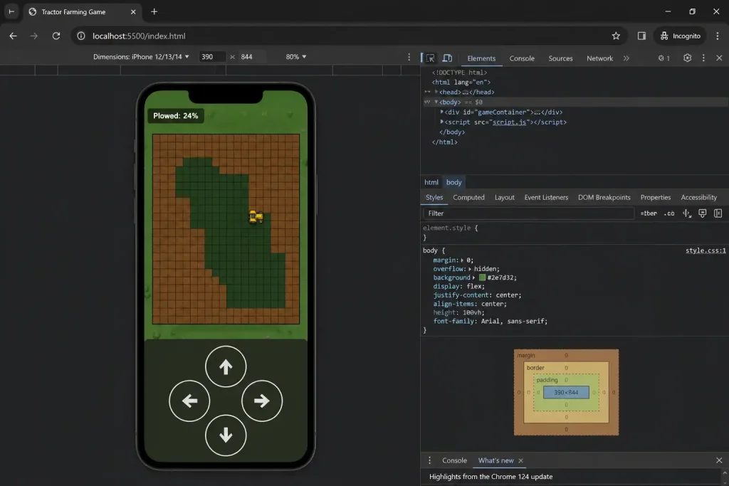 Chrome DevTools mobile view में tractor game के on-screen touch controls