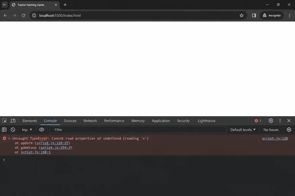 Chrome console में JavaScript TypeError error का screenshot
