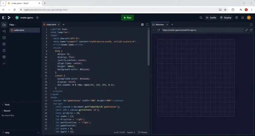 Replit snake game setup with index.html and dark grid canvas preview
