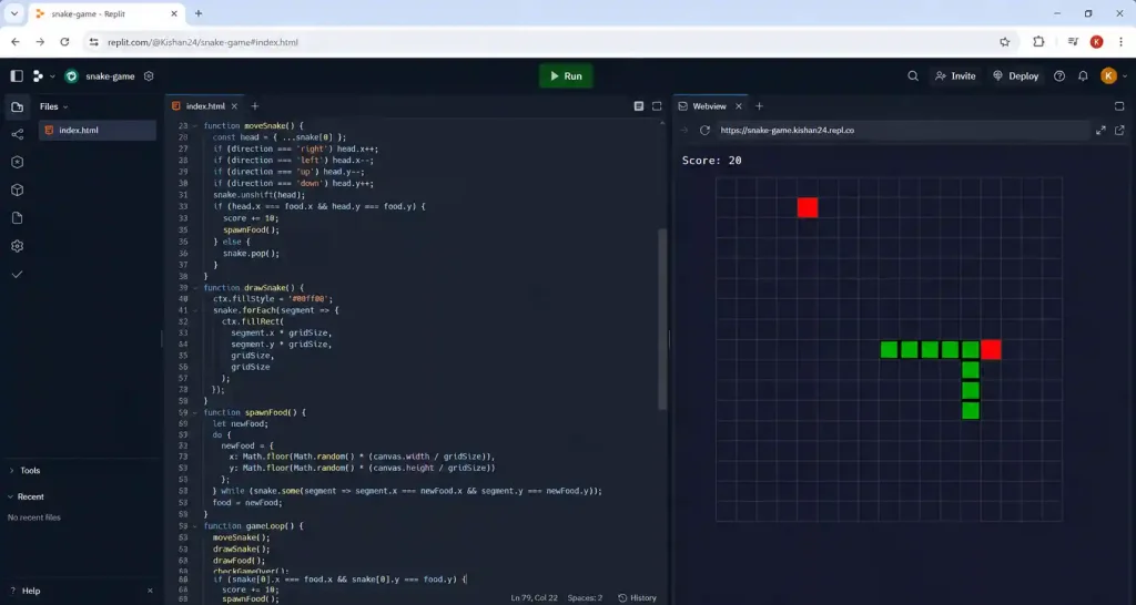Snake game food spawn and score update inside Replit