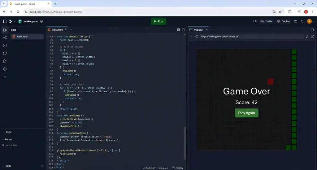 Snake game game over screen in Replit preview