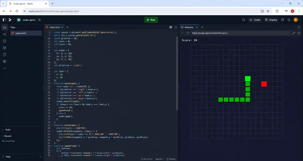 Snake game running in Replit with green snake and red apple