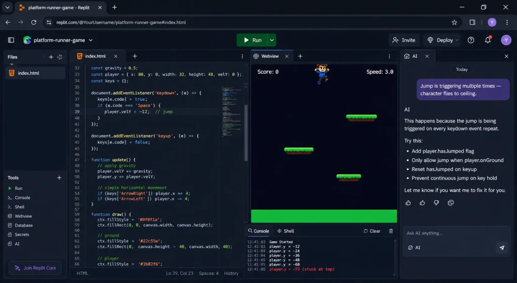 Replit AI platform runner game infinite jump bug where runner character gets stuck near top of screen