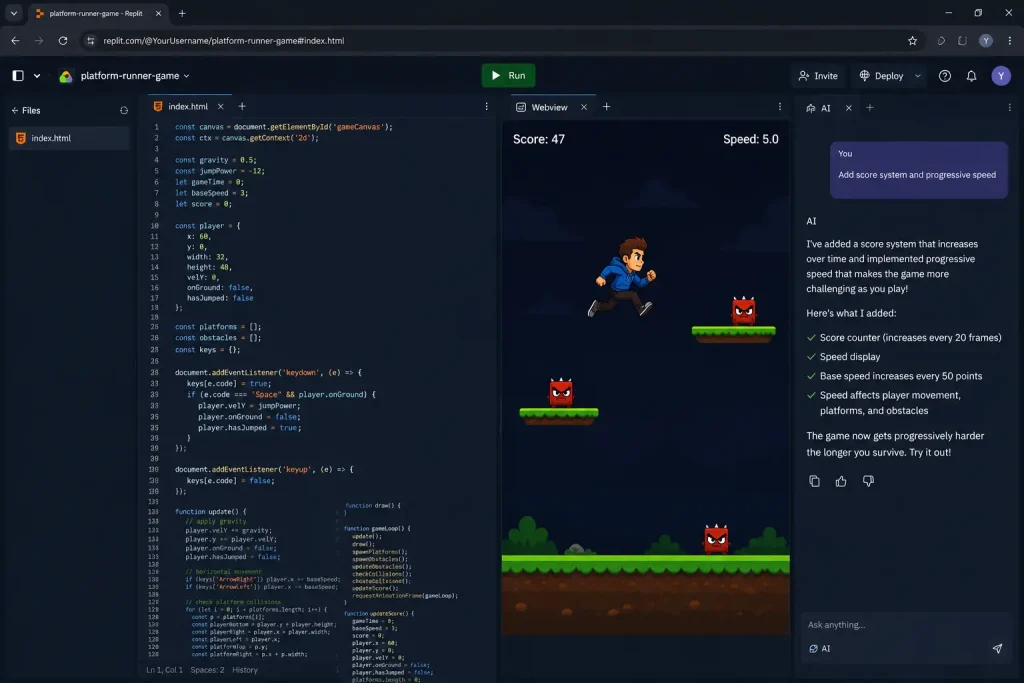 Final HTML platform runner game built with Replit AI showing runner character platforms obstacles and score system