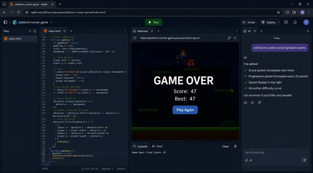 Platform runner game over screen in Replit after runner collides with obstacle showing score and restart button