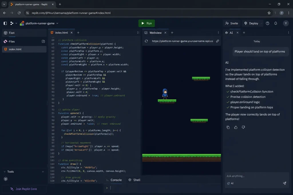 Replit AI platform runner game showing runner character landing correctly on floating platform after collision fix