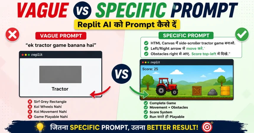 Replit AI vague vs specific prompt comparison with tractor game example